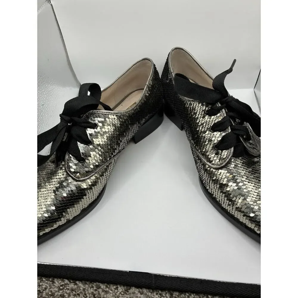 Louise et Cie Lo-Adwin Sequin Oxford Flats Women 8M Silver Gunmetal Lace Up